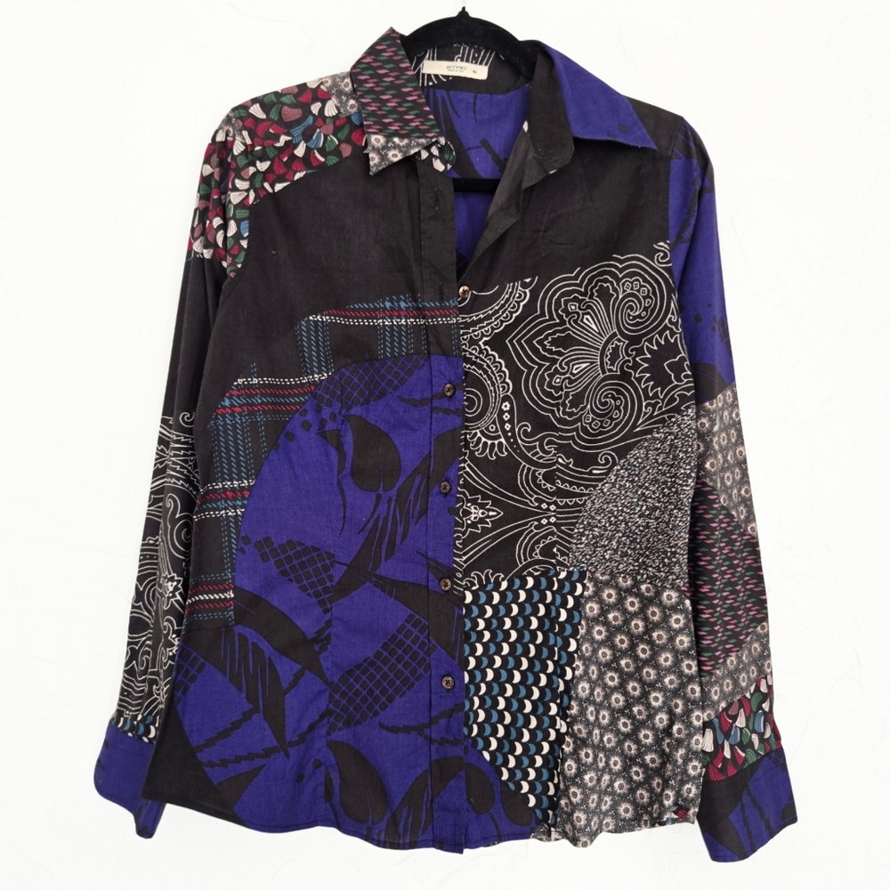 Etro Patterned Indigo Black Patchwork Button Up T… - image 1